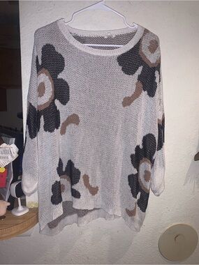 JODIFL Light Gray Floral Knit Scoop Neck Sweater